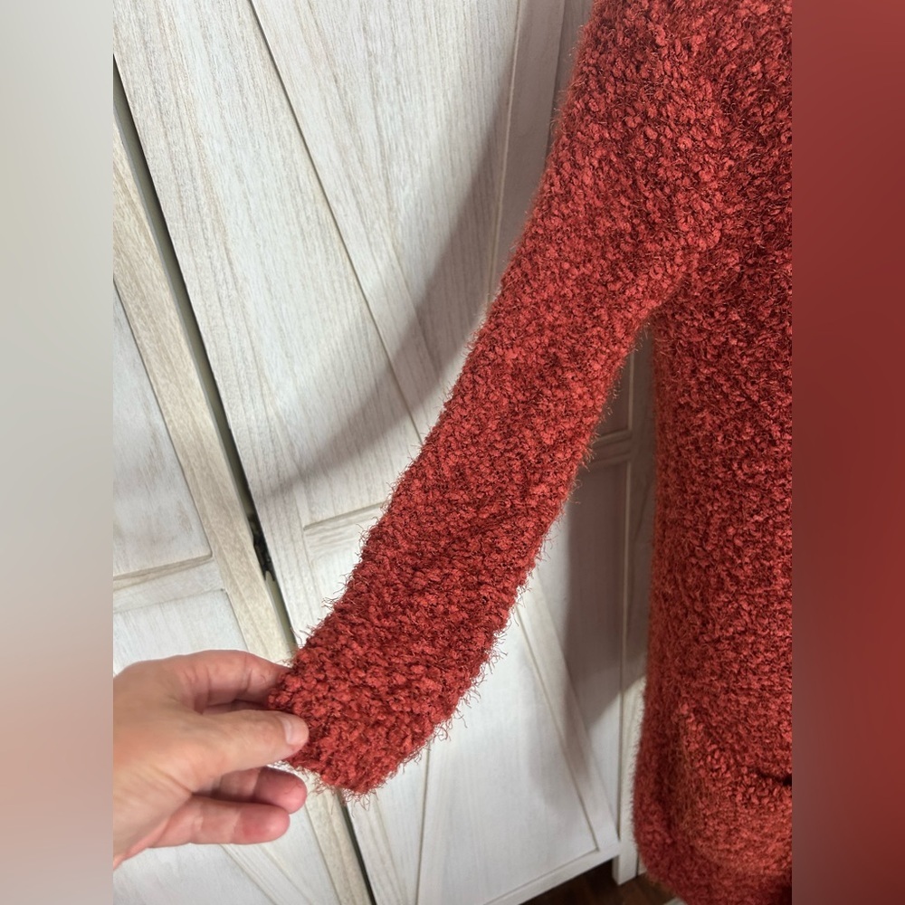 Poof Apparel Rust duster open front cardigan sz L with hood cozy sweater Y2K EUC - Picture 3 of 12